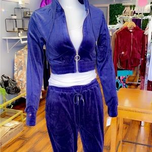 2 piece velour navy crop top pants set
